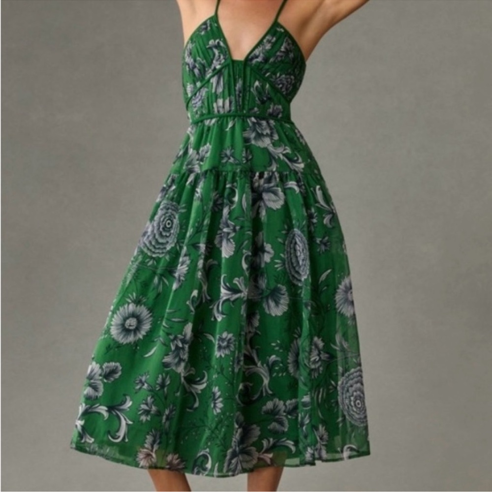 Anthropologie Green Floral Midi Dress